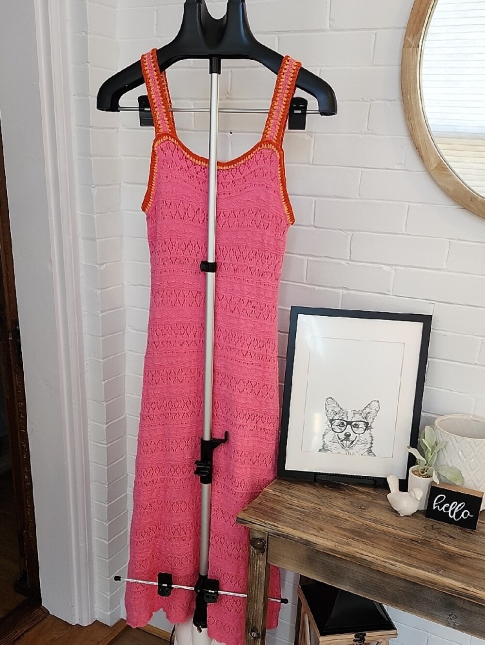 Pink Crochet Maxi Dress with Orange Trim, Small - Picture 9 of 9